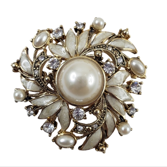 Monet Jewelry - Vintage Monet Brooch Faux Pearls Cream Enamel Rhinestones Burst  A0242 -Q6